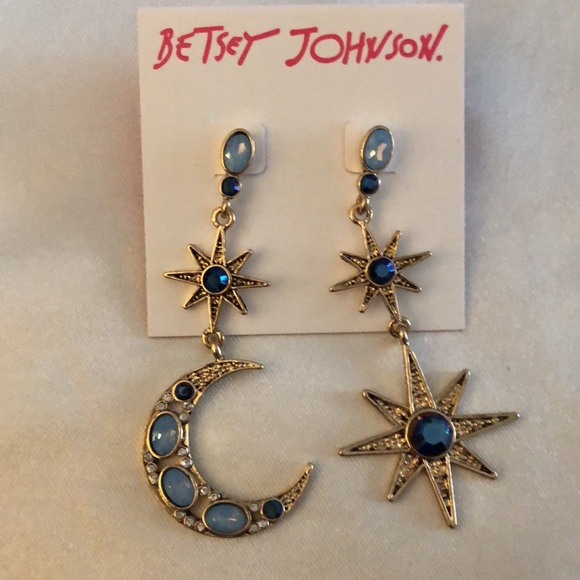 Betsey Johnson Gold Tone Celestial Star & Moon Mismatch Drop Earrings Blue NWT - Picture 4 of 10